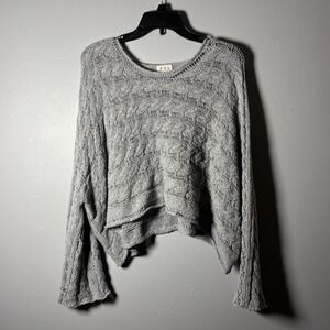 POL Womens Grey Weave Cable Knit Cottage Core Cropped Sweater Bell Sleeve Boho